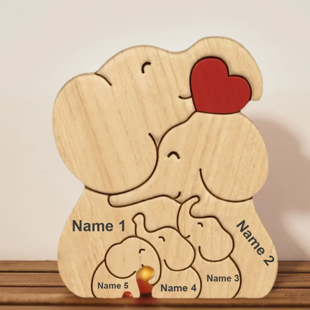 Free Engraving Custom Elephant Family Wooden Puzzle 4-6 Name Multi language Personalized Sculpture Mother's Day Birthday Gift