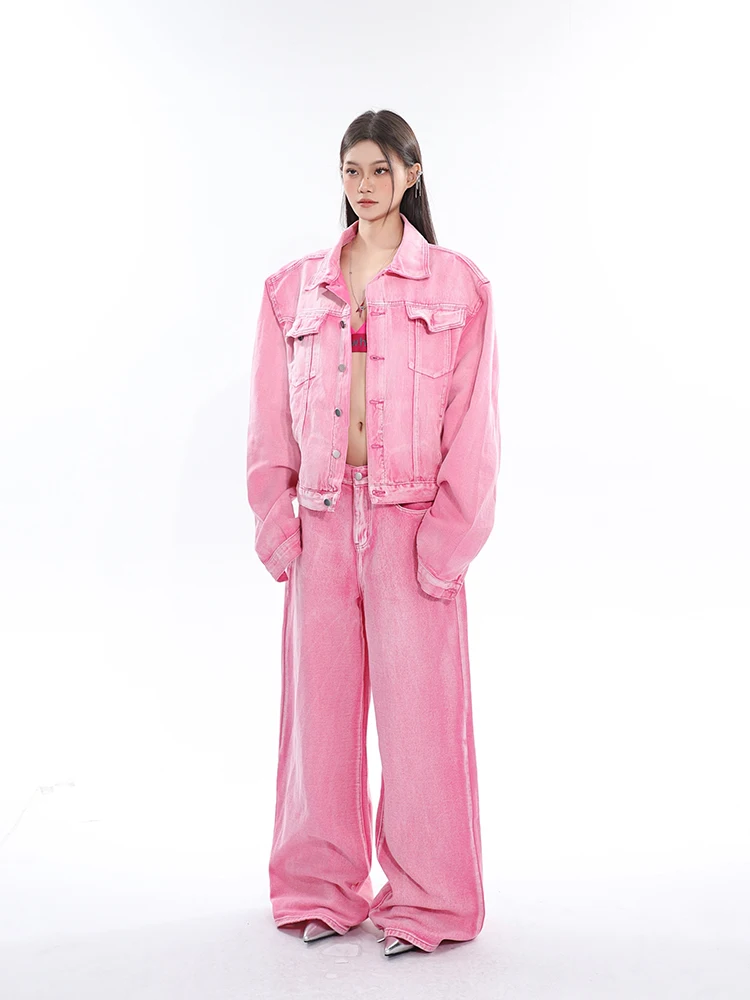 REDDACHiC Y2k Pink Washed Women Denim Suit Long Sleeves Lapel Demi-season Jacket Low Waist Oversize Baggy Jeans Vintage Clothes