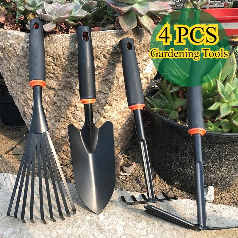 Juego de herramientas de jardinería, azada de doble uso, rastrillo de cinco dientes, rastrillo de hojas, pala para plantar flores en el hogar, plantar suculentas, 4 Uds.