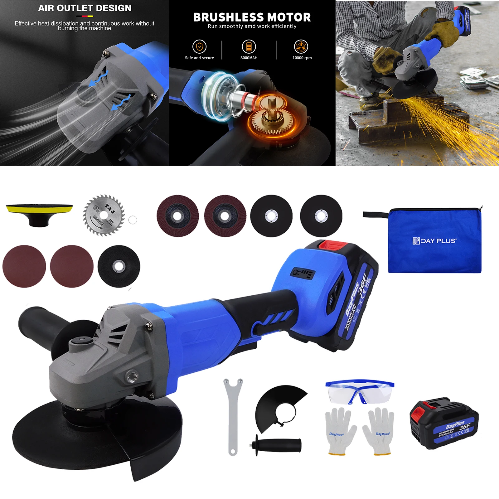 

Бесщеточная аккумуляторная угловая шлифовальная машина 21 В, 115 мм, 10000 об/мин, 3 режима скорости, аккумулятор емкостью 3,0 Ач и зарядное устройство | Сверхмощный для резки, шлифовки