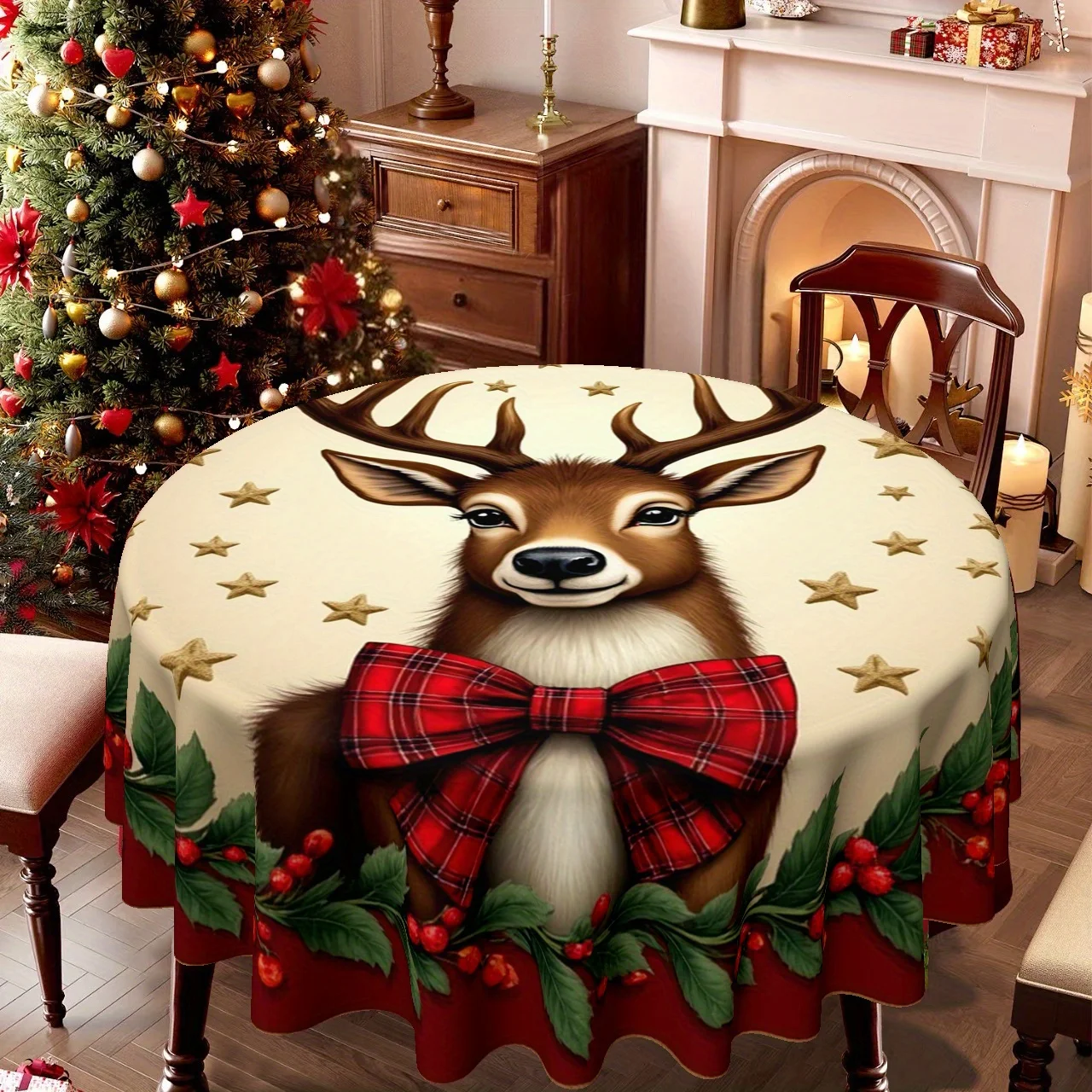 This is a product designed for single tablecloths at Christmas, with a festive reindeer theme