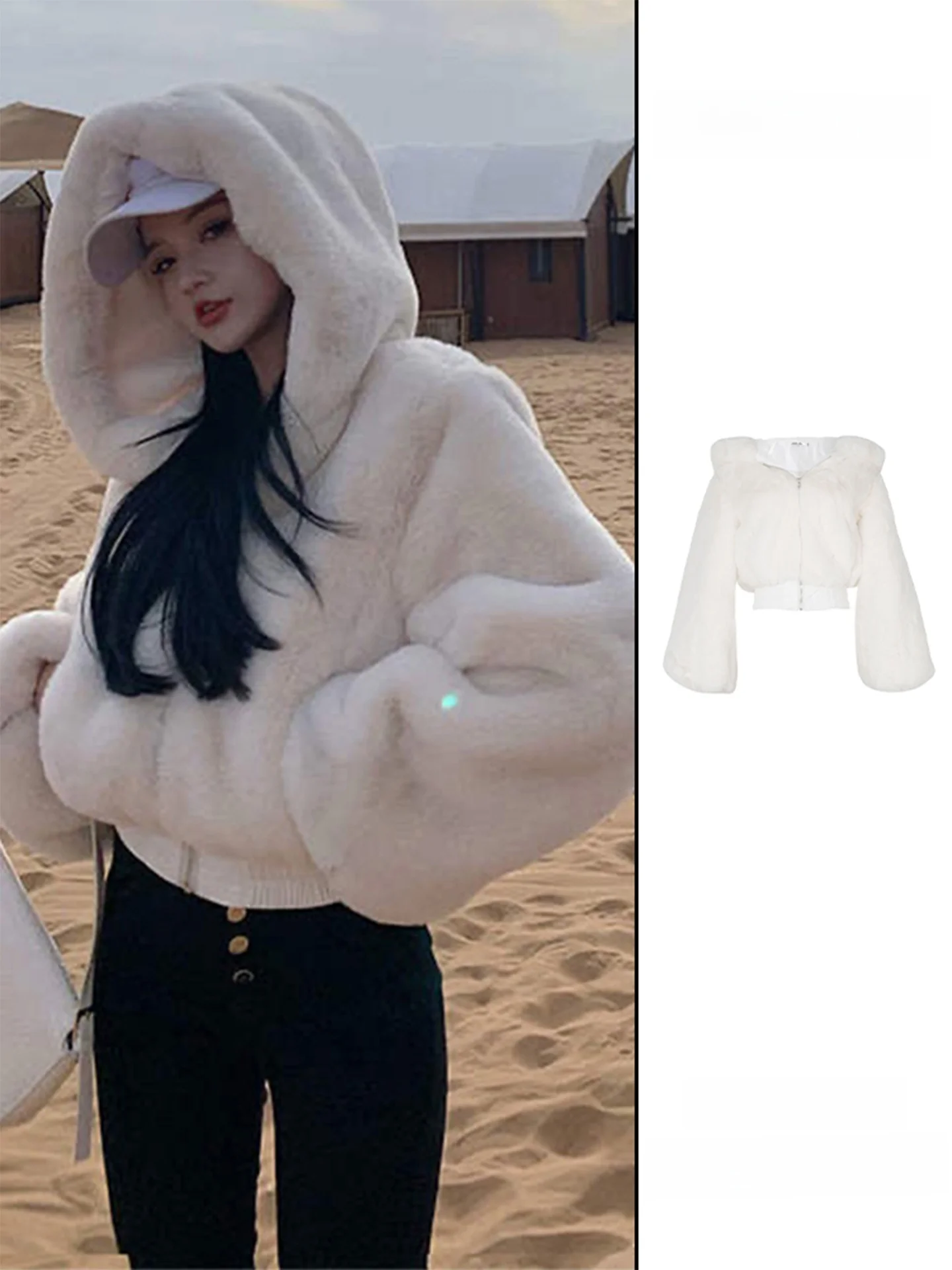 

Women's Thiened ort Hooded Faux Rabbit Fur Jaet Autumn Winter Warm Cotton Coat Versatile Fluffy Sweatirt Commute Sle