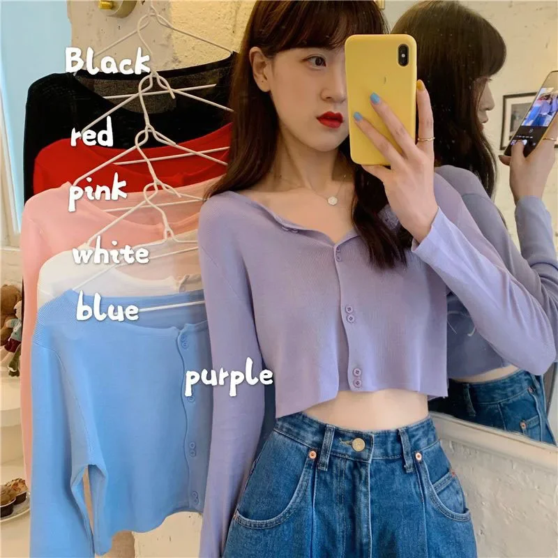 Lucyever Maglioni corti solidi Donna Autunno Inverno Cardigan lavorato a maglia a maniche lunghe Donna Coreana All-Match Top in jersey con bottoni