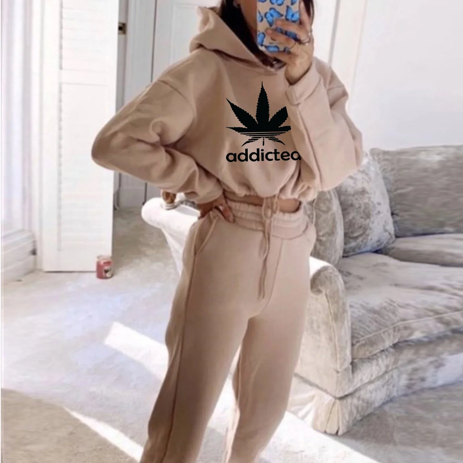 2024 Womens Tracksuit Printing Drawstring Short Hooded Sweatshirts Suit Casual Sport Jogging Pants Set Fashion Street Clothing