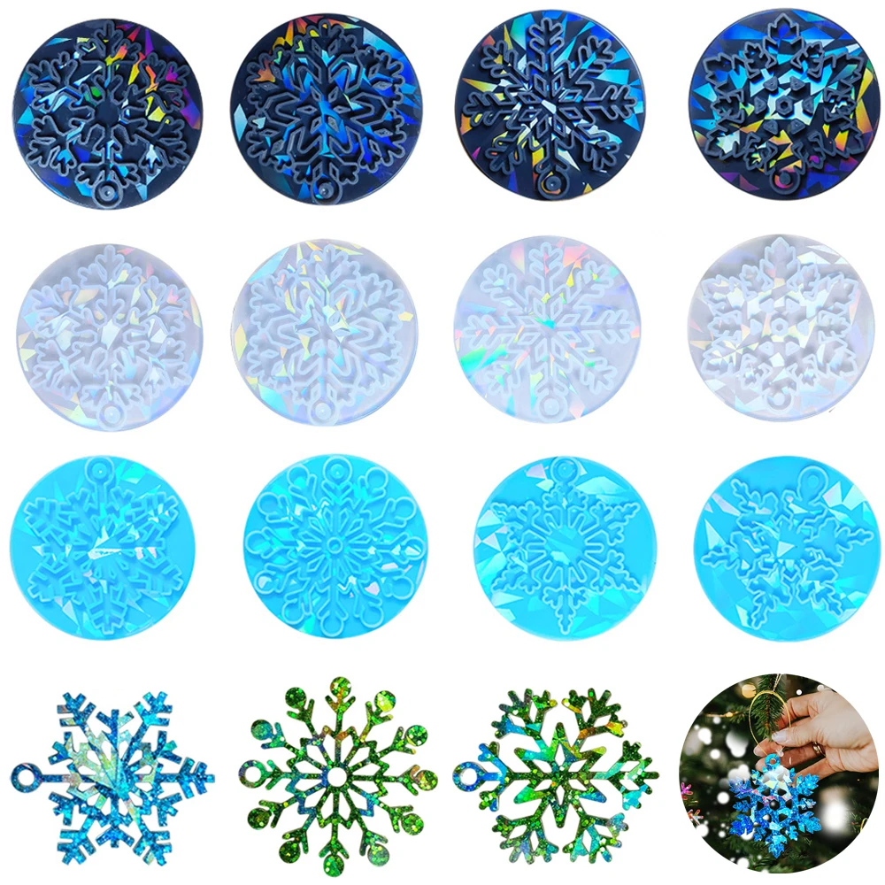 Holographic Christmas Resin Molds Round Snowflake Christmas Ornaments Molds for DIY Keychain Hanging Pendant Jewelry Decorations