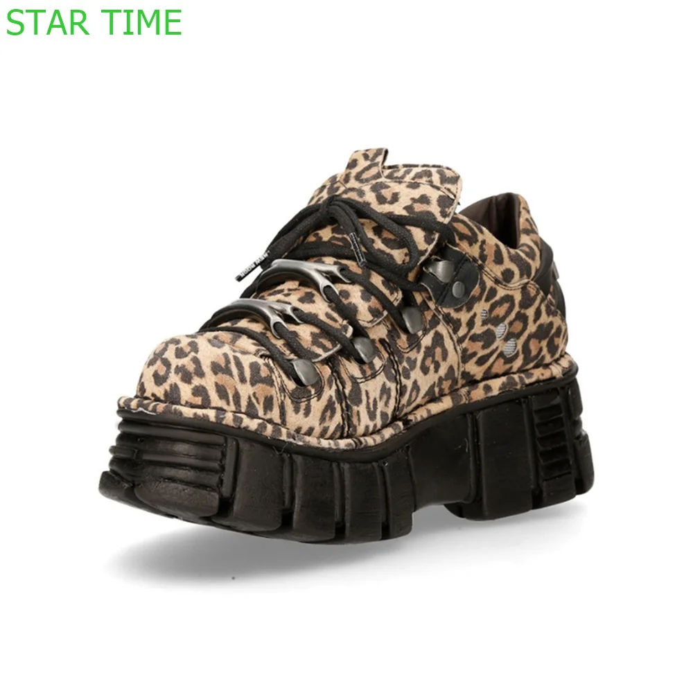 Platform Leopard Print Lace Up Shoes 2024 New Casual Punk Round Toe Fashion Women 35-45 Short Boot