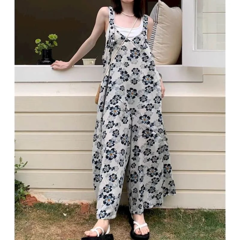 

Комбинезоны большого размера для отпуска, свободный комбинезон без рукавов, повседневный корейский стиль, элегантные широкие брюки, цельный наряд, женская одежда