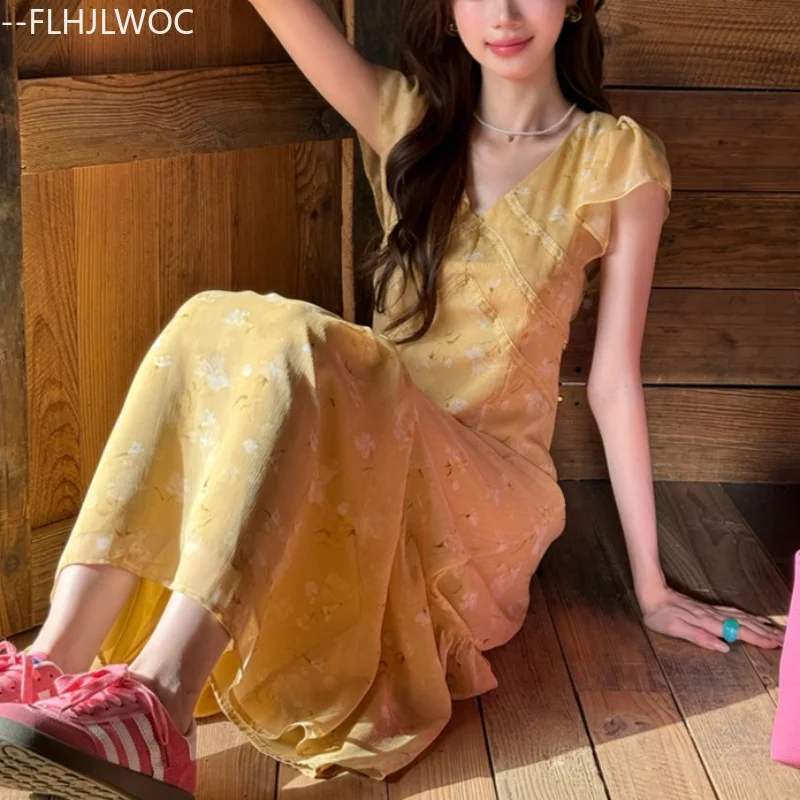 Französisch Design Lange Kleider Neue Mode Sommer Kurzarm V-ausschnitt Gelb Spitze Retro Vintage Chic Korea Leinen Hemd Kleid