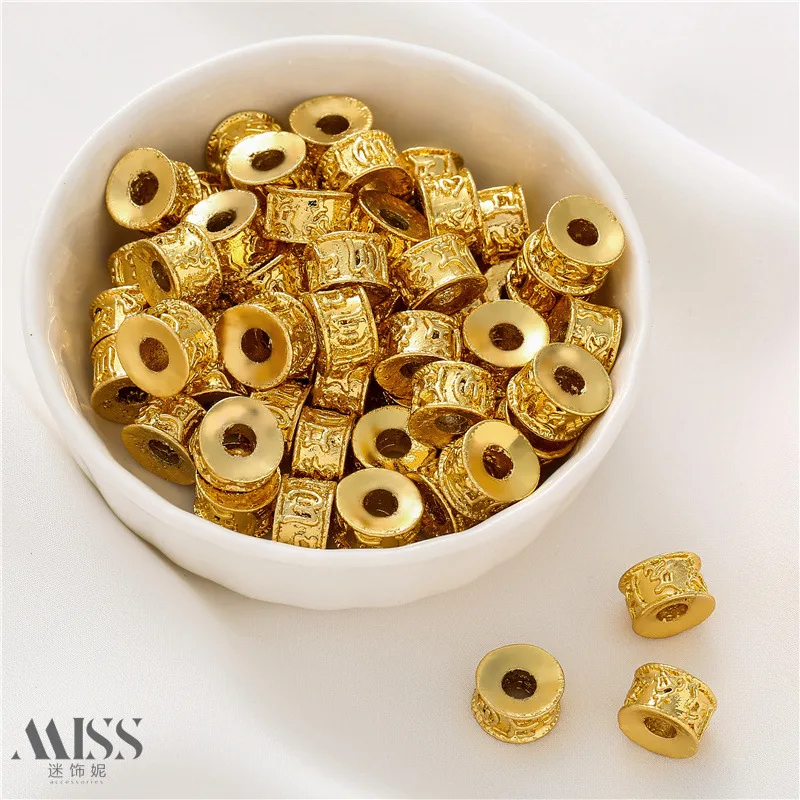 18K Gold Plated Sand Gold Big Hole Six Words Mantra Barrel Beads Spacer Beads For DIY Bracelet Necklace Jewelry