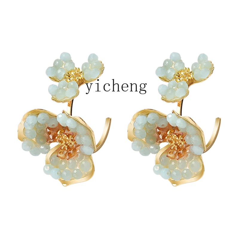 YY Crystal Flowers Semicircle C- Shaped Earrings Niche High-Grade Light Luxury Earrings