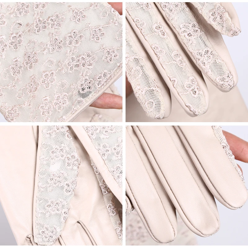 Guantes largos de cuero para mujer, manoplas de encaje de piel de oveja, accesorios de moda, cuatro opciones de color, 2017