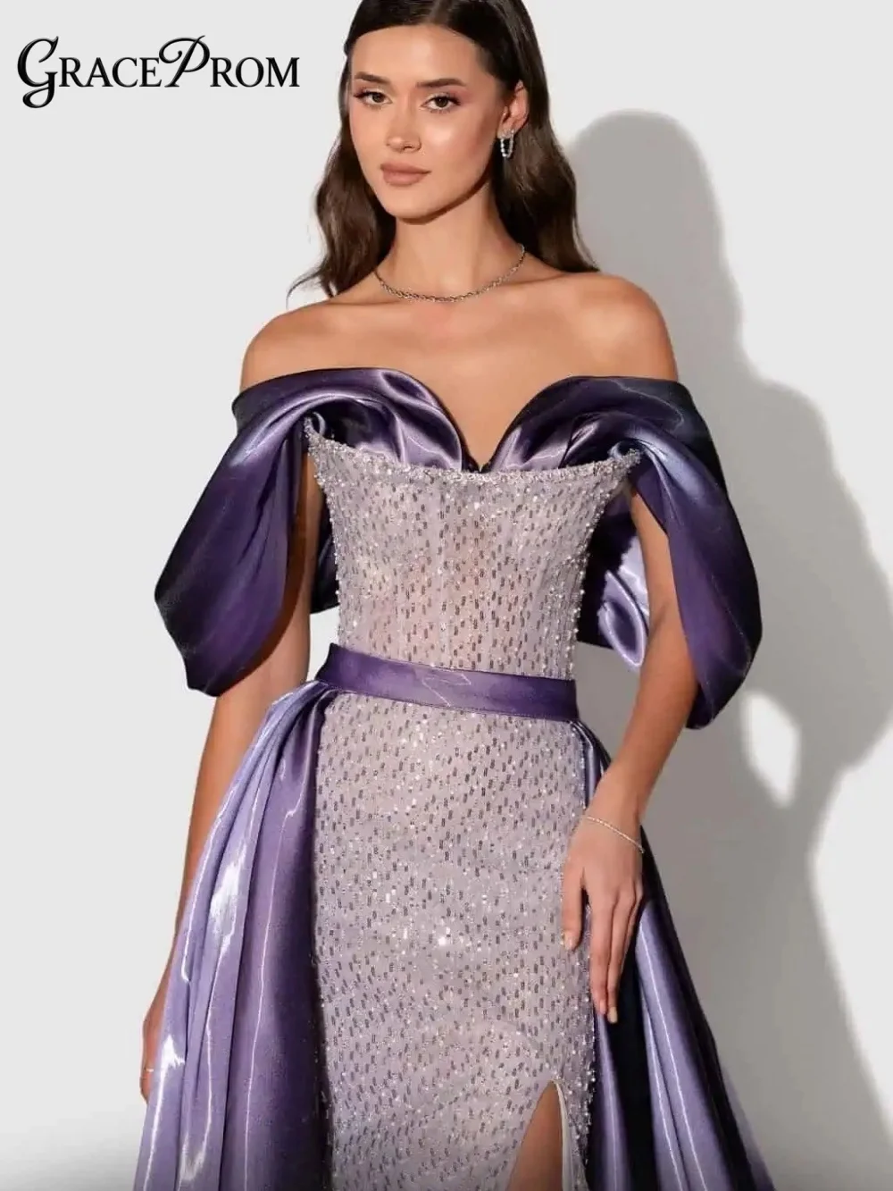 

Opulent Purple Satin Off Shoulder Beaded Evening Gown Sleek High Slit And Overskirt Party Dress For Wedding Guests فساتين سهرة