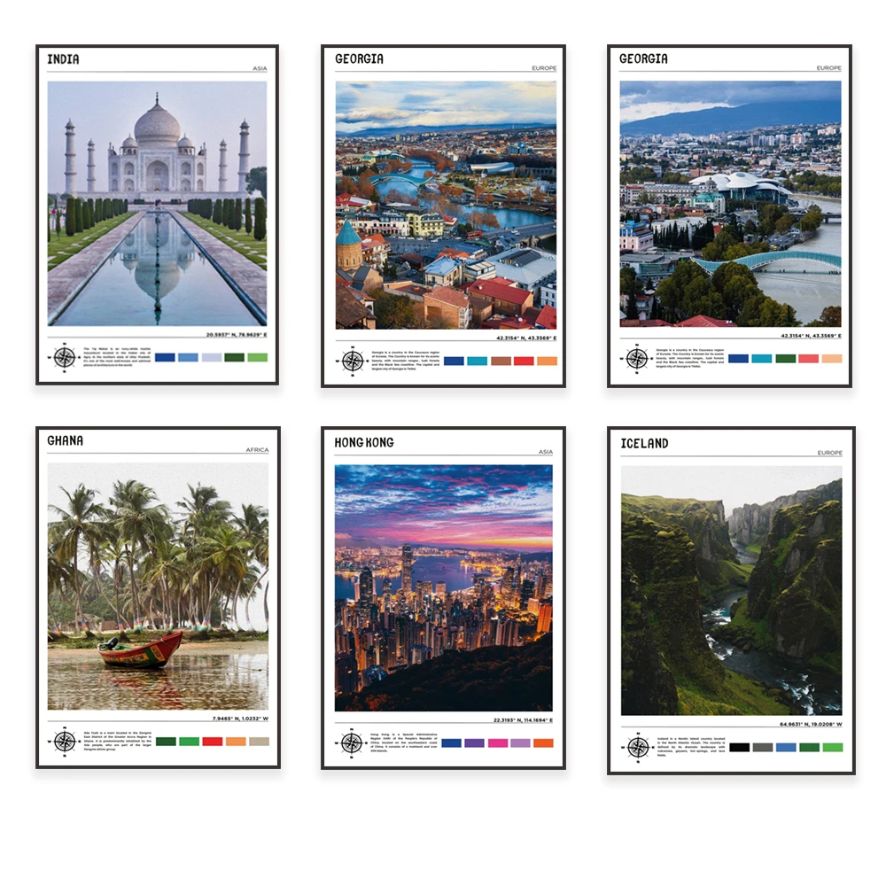 Iceland, Hvar Croatia, ChinaHong Kong, Hoboken, Greece, Ghana Africa, Germany, Georgia, France, Finland, India travel posters