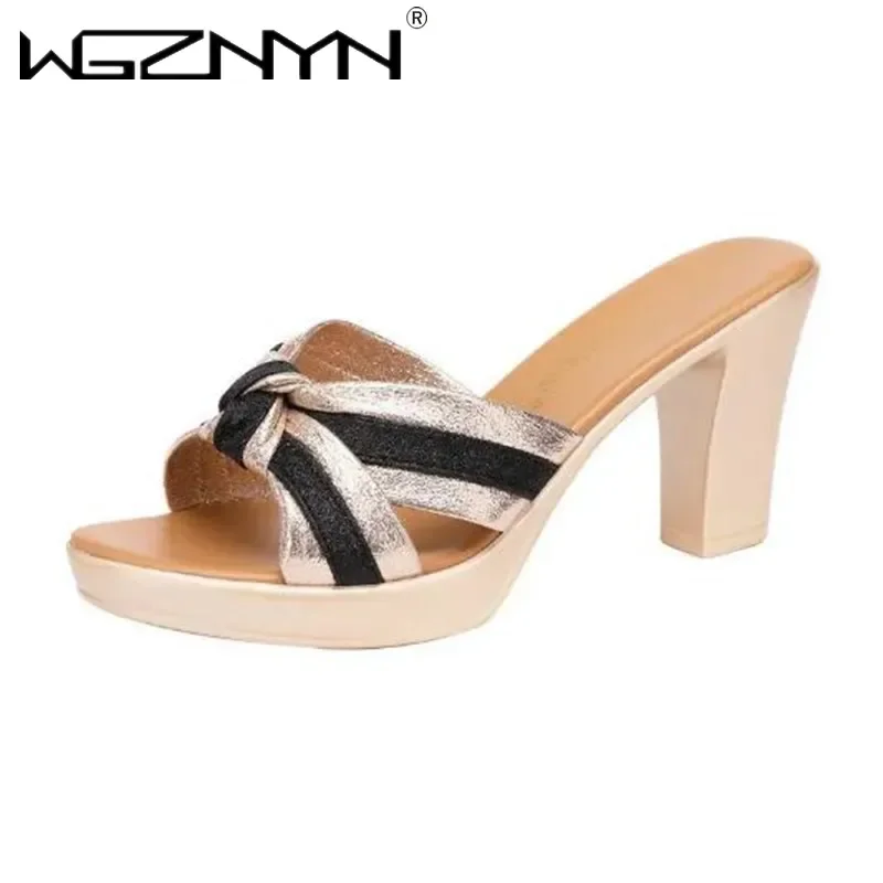 Fashion Elegant Stripe Bow Block High Heels Slides Women Platform Shoes Summer 2025 Thick Sole Slippers for Office Outside Shoes