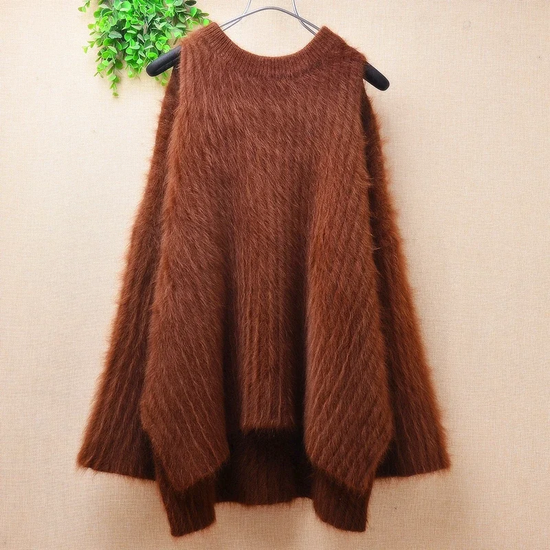 

Female Women Fall Winter Thick Warm Hairy Mink Cashmere Knitted O-Neck Striped Split Loose Pullover Jumper Sweater Pull Tops