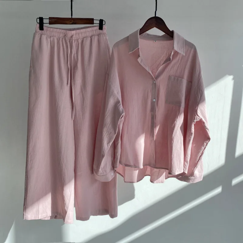 

2026 Summer New Trend Solid Turn-down Collar Shirt Suit High Waist Loose Trousers Elegant Women Sets Two Piece Set for Women