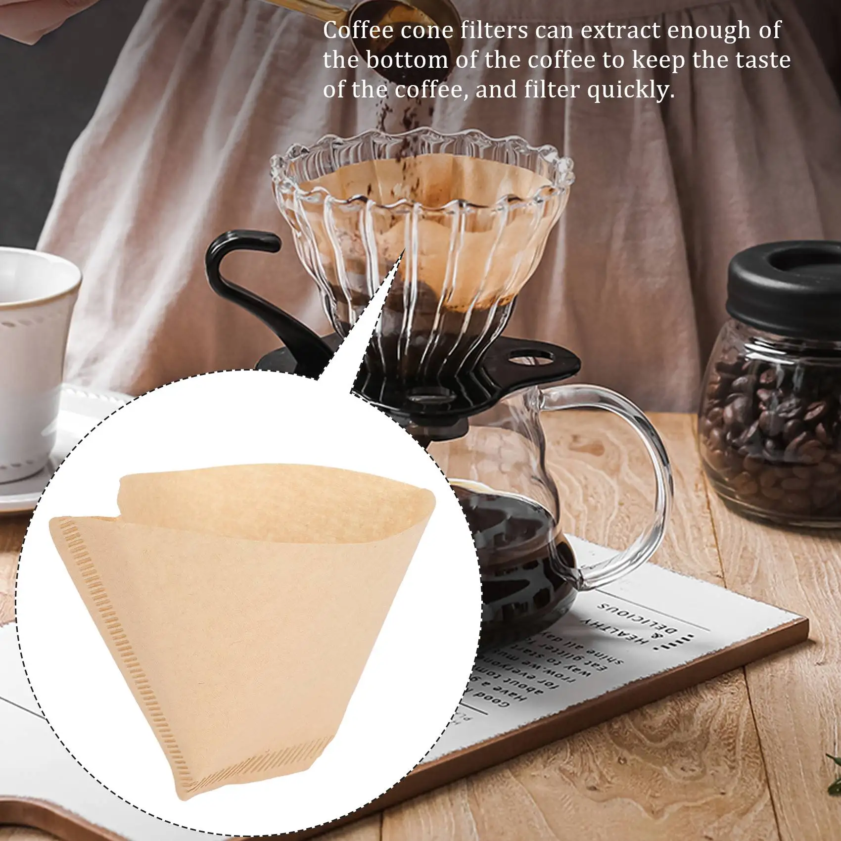 100Pcs Coffee Filters Disposable Cone Paper Coffee Filter Natural Unbleached Filter 4-6 Cup for Pour Over Coffee MakersJAS