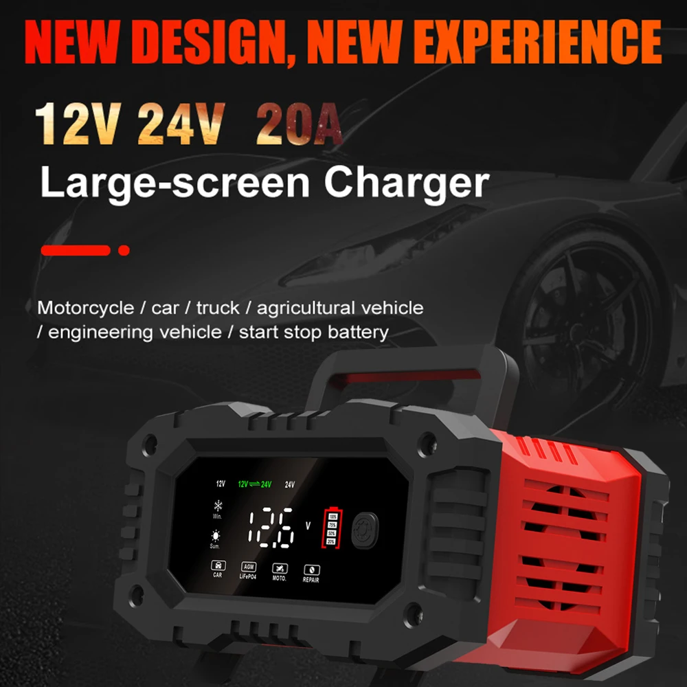 12V/24V Fully Automatic Battery Charger 7-segment Smart Car Battery Charger Pulse Repair for Agm Gel Wet Lead Acid Charging