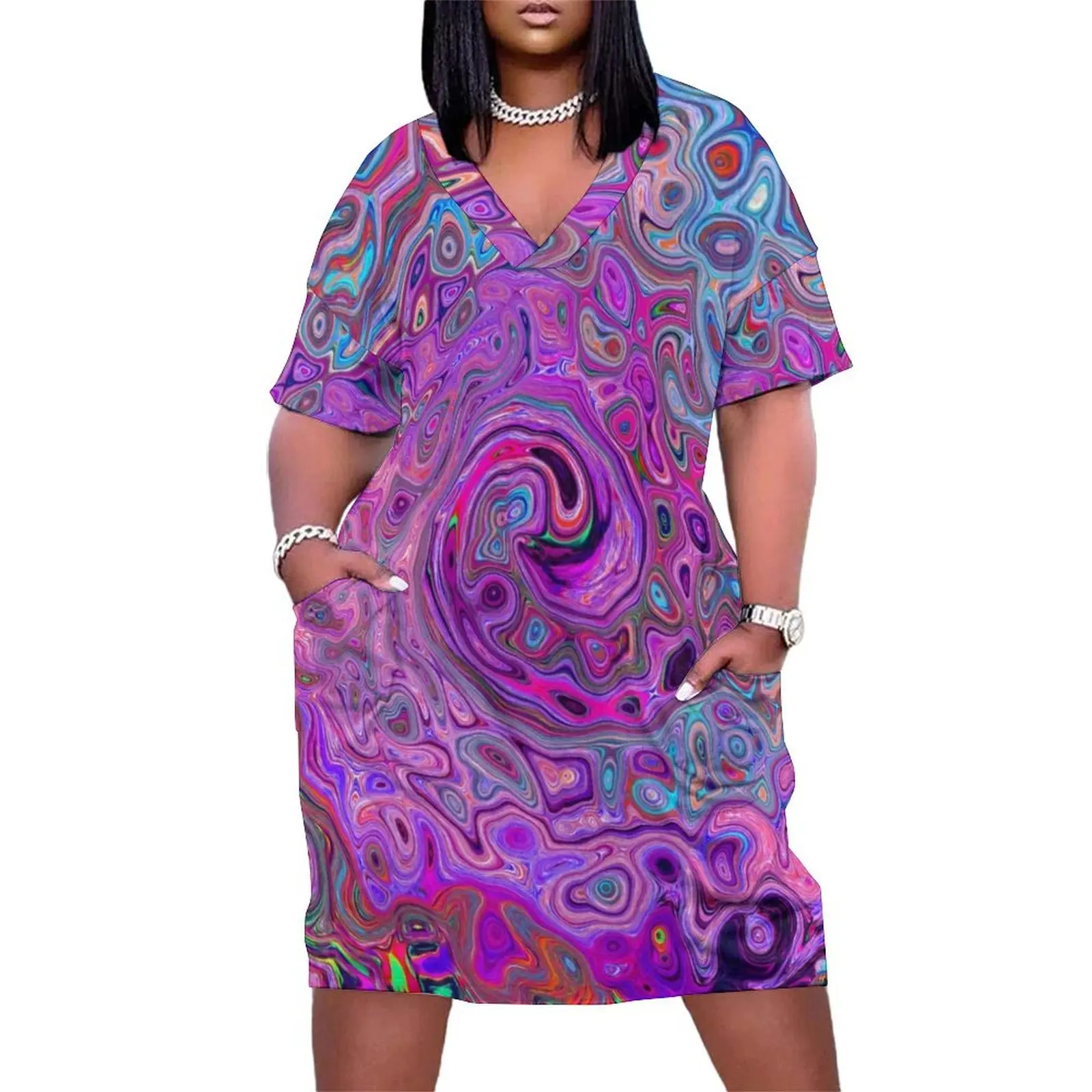 

Purple, Blue and Red Abstract Retro Swirl Loose Pocket Dress fairy dress Dress women