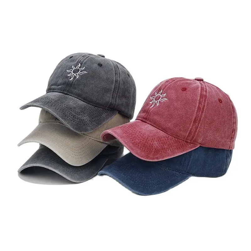 Retro Sun Embroidery Baseball Caps Spring Summer Men Women Washed Cotton Adjustable Casual Sun Hat Streetwear Hip Hop Caps