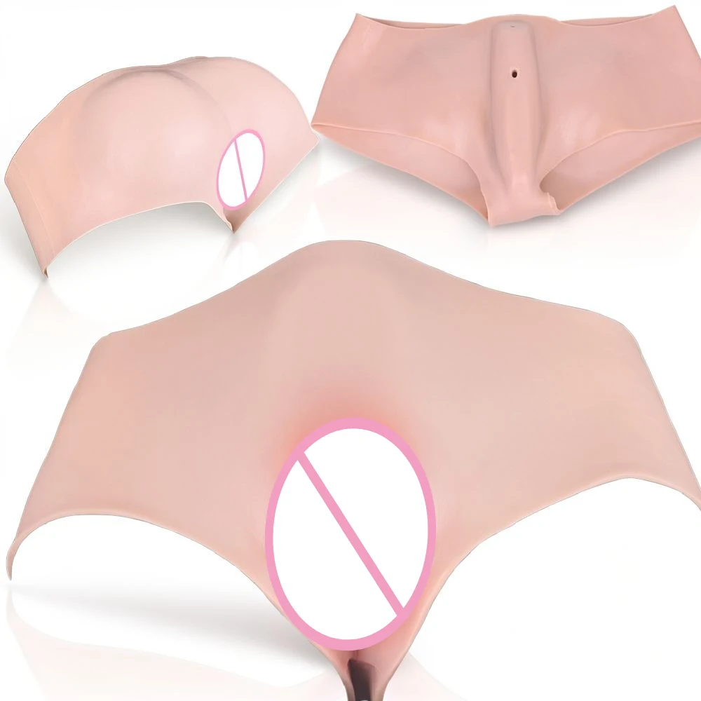 Skin-Feel Silicone Male Crossdressing Panty Ultra Lifelike Insertable Vagina with Realistic Clitoris Penis Hidding Pants 18+ Toy