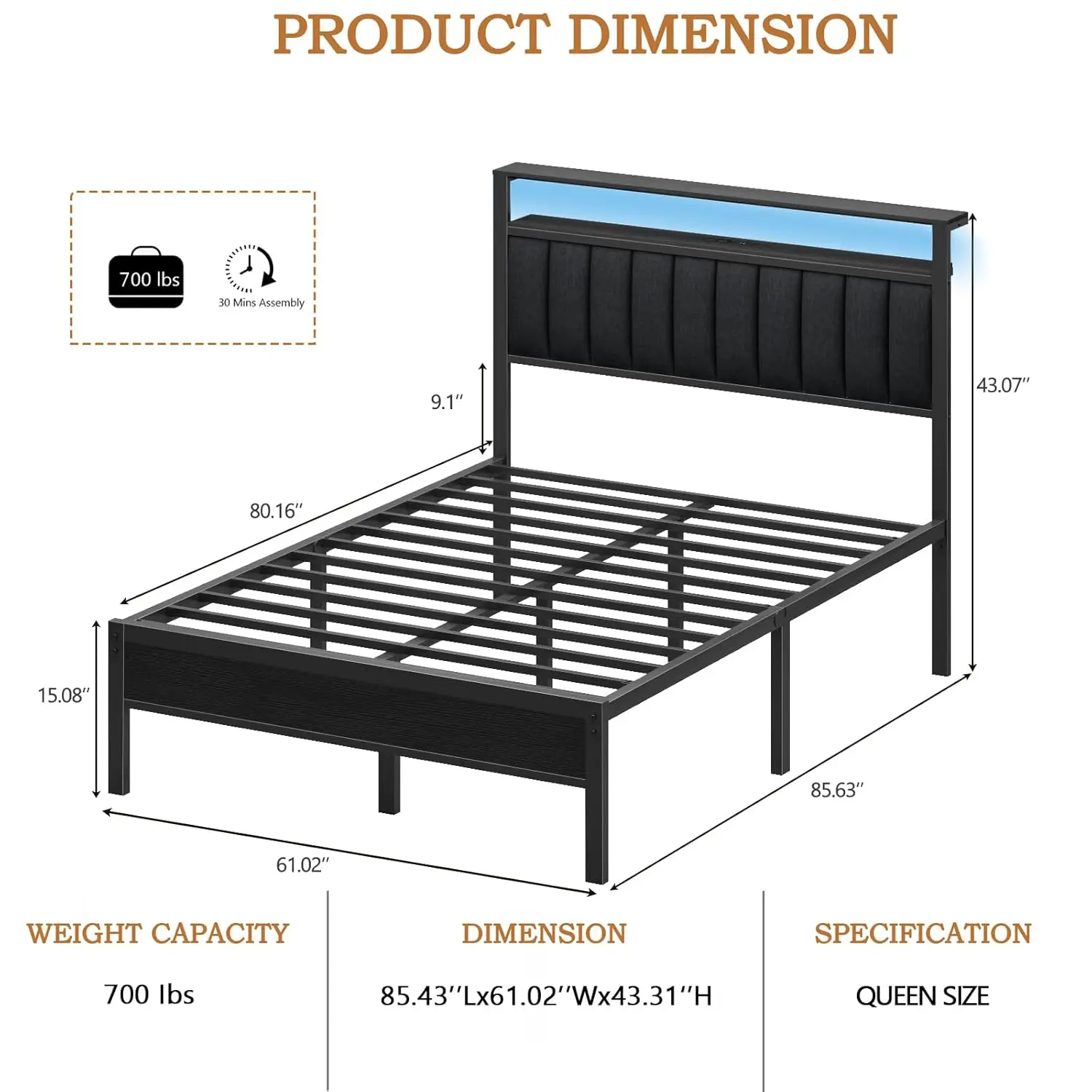 Queen Bed Frame with LED Lights & Charging Station, Storage Shelf, Metal Slats, No Box Spring, USB Type-C, Customized