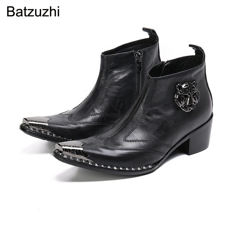 

Batzuzhi 6cm Heels Height Men's Boots Ankle Black Genuine Leather Boots for Men Pointed Toe Business Botas Hombre, Sizes 38-47!