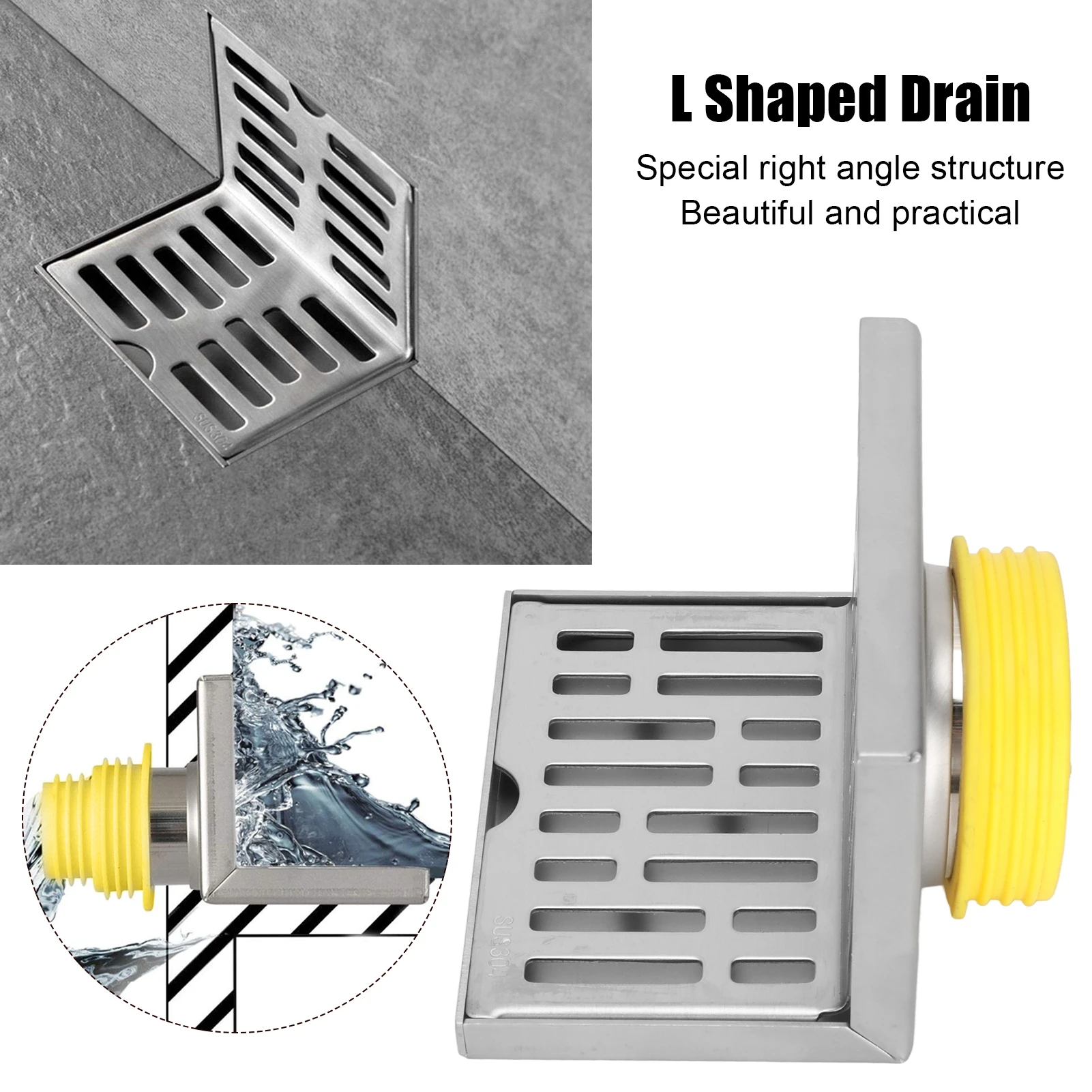 L Shaped Corner Floor Drain Brushed Surface Corrosion Resistant Anti Rust Side Drain Suitable For 2.3 Inch Pipes Bathroom Shower