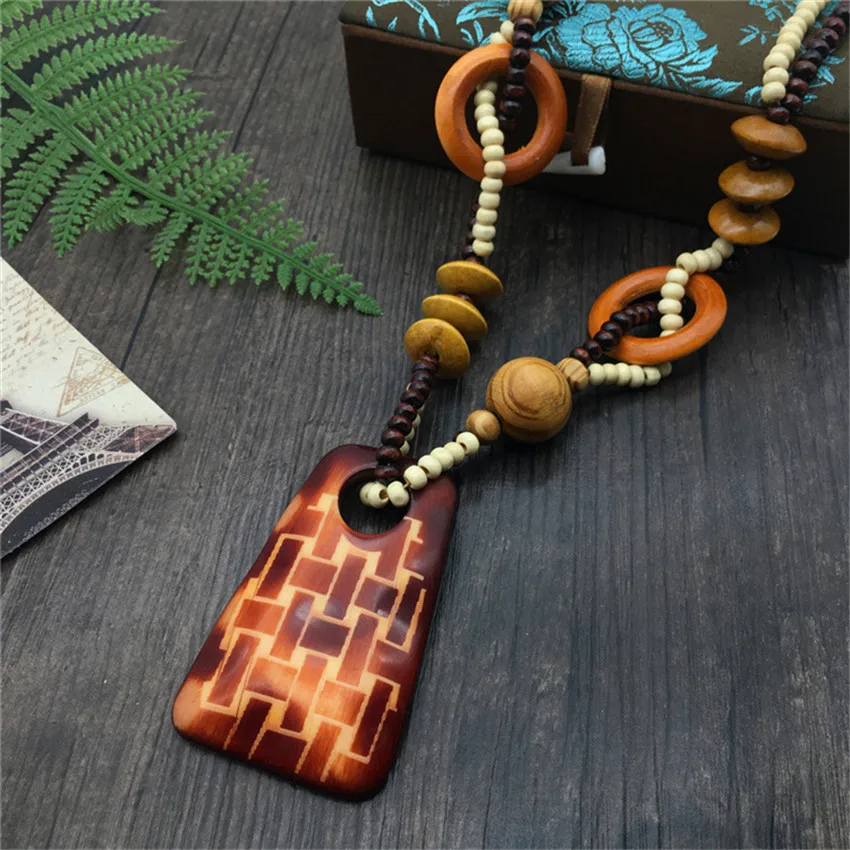 Boho Ethnic Style Long Hand Made Bead Wood Elephant Pendant Necklace Sweater Chain for Women Fashion Neck Jewelry Party Gifts