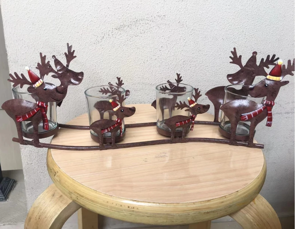 Europe American Countryside Mother Baby Elks Cart Vintage Metal Christmas Decor Hurricane Candle Holders