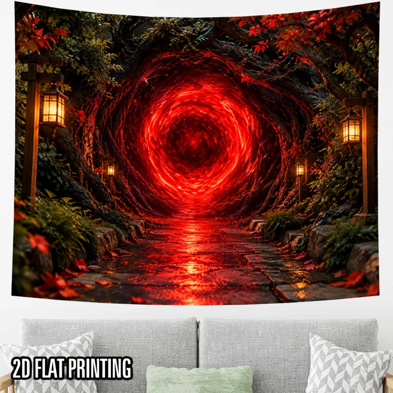 Magic Vortex Tapestry, Red Portal Tree Tunnel Stone Path Maple Leaf Lantern Fantasy Print Wall Hanging Bedroom Dorm Home Decor