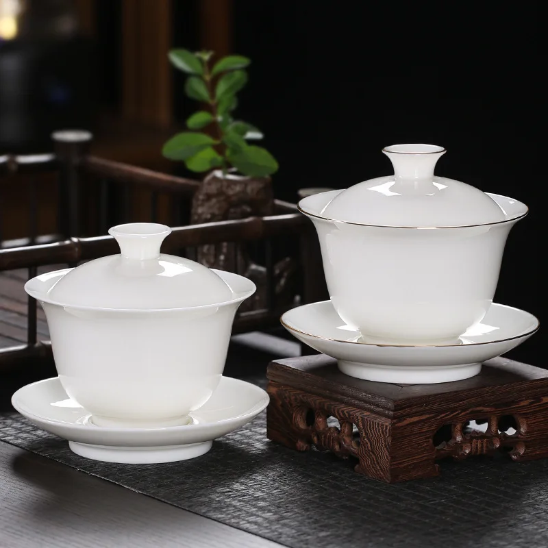 

LH Sancai cover bowl gold-painted ceramic tea white porcelain kung fu tea set bowl