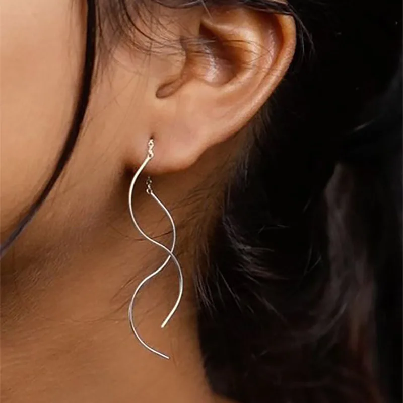 Simple Spiral Wave Ear Line Earrings For Women Sliver Color Fashion Piercing Ear Minimalist Hanging Earing Trendy Jewelry E243