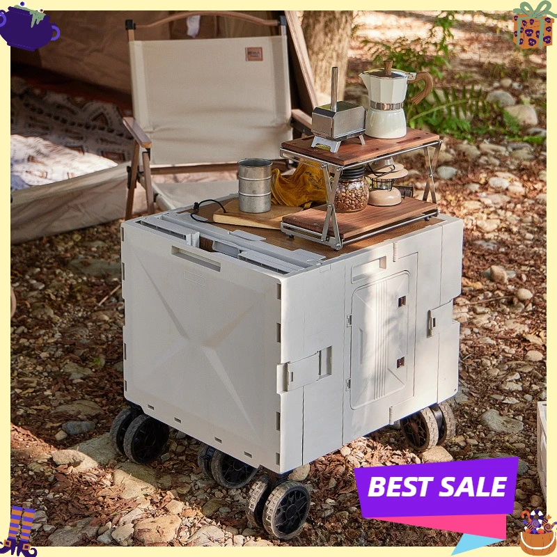 Outdoor camping cart large capacity storage box double door folding movable picnic cart portable trolley