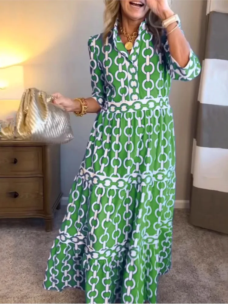 Sukienka Boho Długa Damska Nowa Wiosenno-Letnia Sukienka Maxi Damska Sukienki Damskie Długi Rękaw Drukowana Codzienna Sukienka Rozkloszowana Vestidos