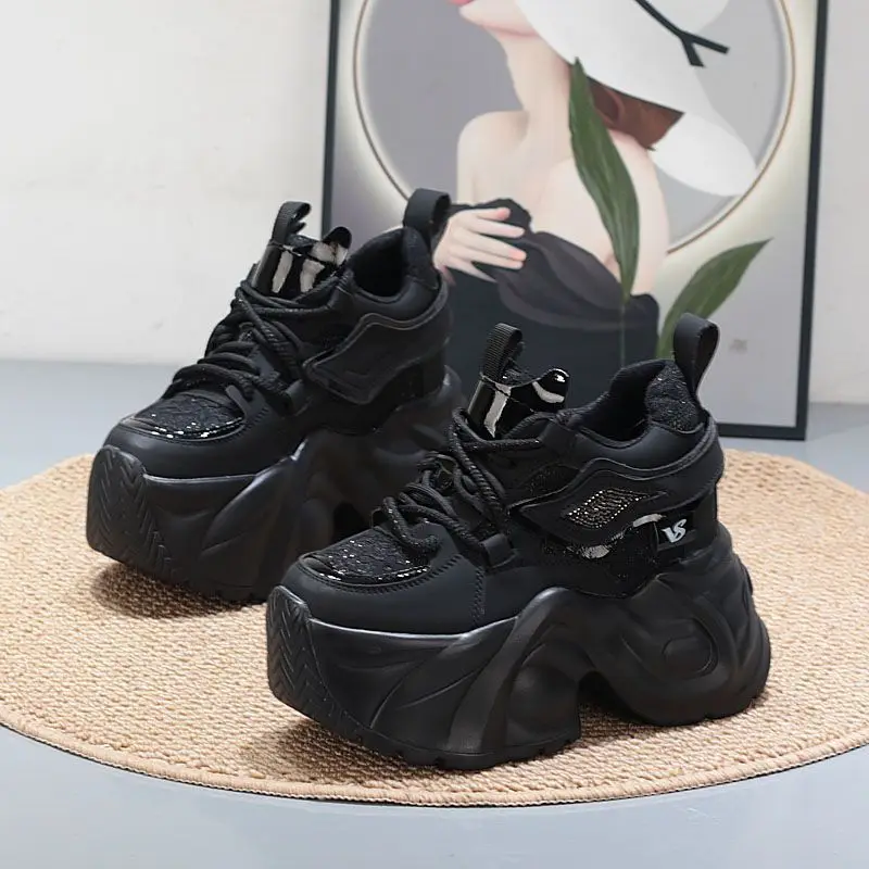 2026 New 12CM Women Bling Chunky Sneakers Summer Casual Vulcanized Shoes High Platform Breathable Mesh Sneakers Female Dad Shoes