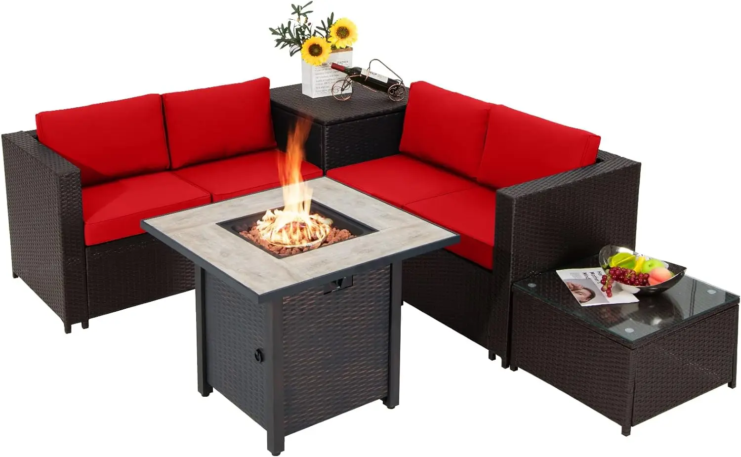 

5Piece Patio Furniture Set w/ 30 Inches Gas Fire Pit Table, Outdoor Wicker Conversation Sectional Sofa Set w/Storage Box & Table