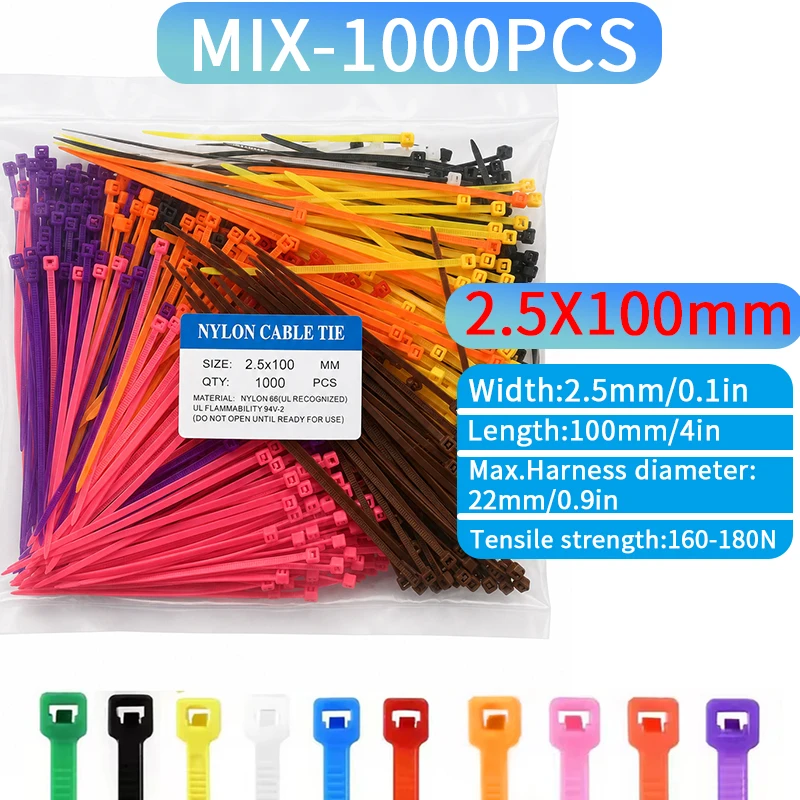 1000/2000PCS Multi color set 2.5mm Self-Locking Nylon Cable Ties Plastic Zip Tie Binding Wrap Straps Fastening Loop Home Office