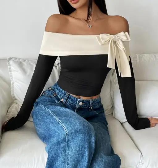 2025年新作 レディースファッション ショート丈トップス 長袖 貿易 オフショルダー ワンカラー リボンTシャツ