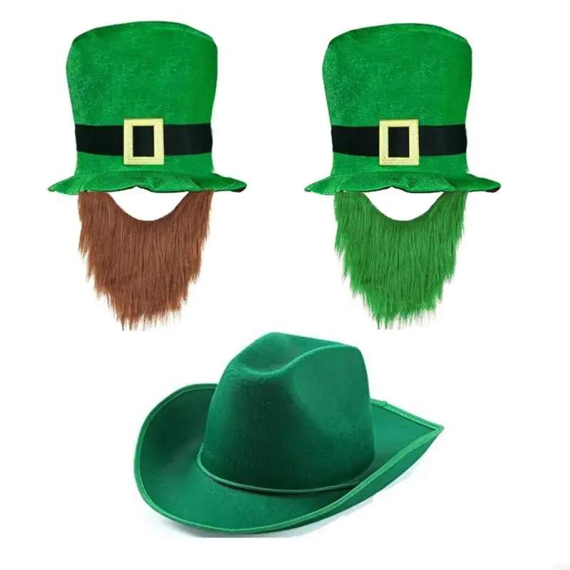 

652F St Patrick Day Celebration Beard Hat Festival Theme Party Green Cowboy Hat ShamrockClover Top Hat Irish Accessories