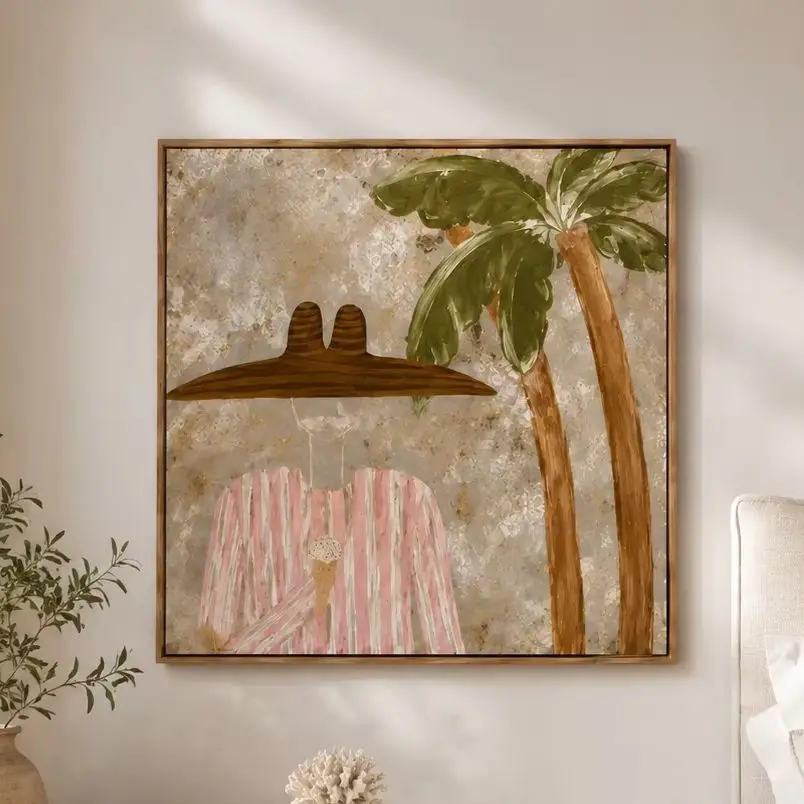 Abstract Cowboy Oil Paintings: Modern Western couple Framed Canvas Wall Art,Couple's Painting at the Beach During Vacation