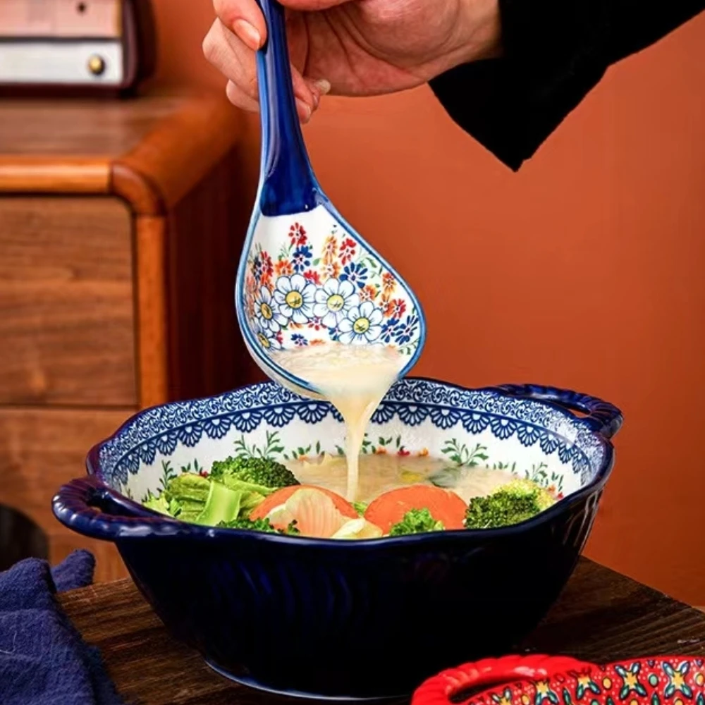 Bohemian Style Ceramic Soup Bowl with Handle Microwave Safe Embossed Design Great for serving soups salads ramen noodles