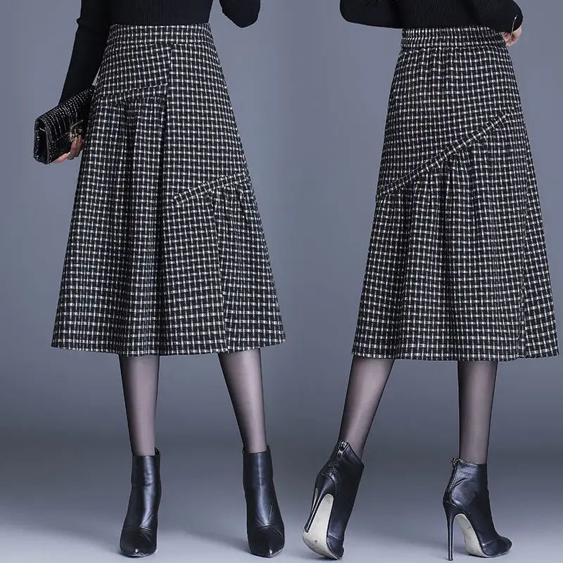 Woman Buttons Tweed Skirts Female High Waist Plaid Woolen Skirt A-Line Knee-Length Elegant Office Lady Pockets Slim  G838