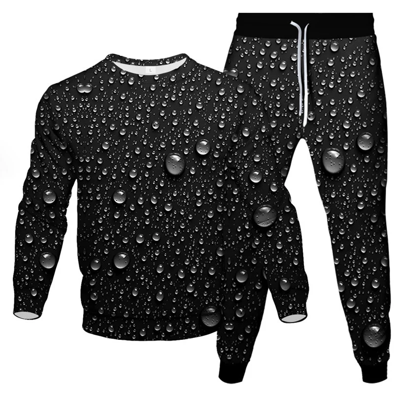 Fashion Water Drop 3D Print Men\'s Sportswear Set Casual Long-Sleeved T Shirt Pants 2-Piece Set Oversized Pullover Men Clothing