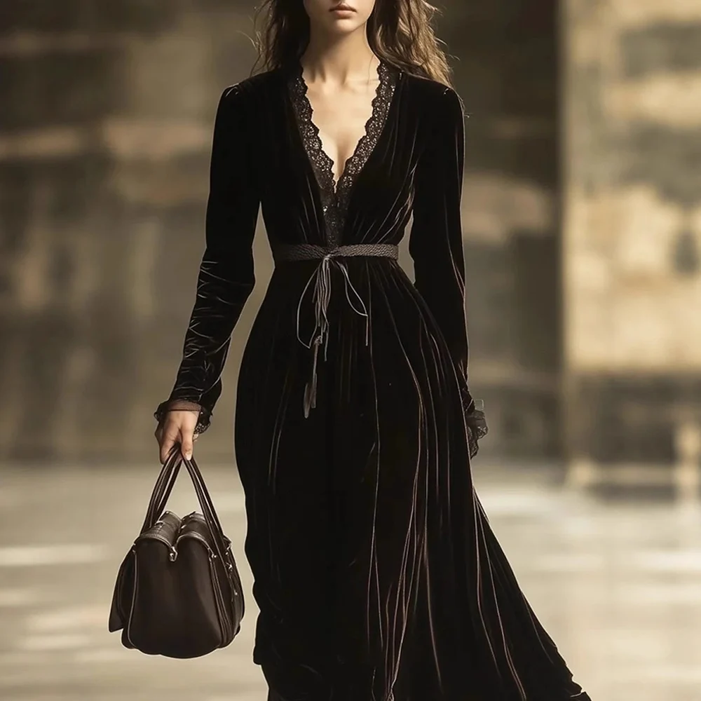 

Vintage French Velvet Women's Dress Lace Patchwork V-Neck Long Sleeve Autumn Nightgown Dress Female Casual Maxi Chic Dresses