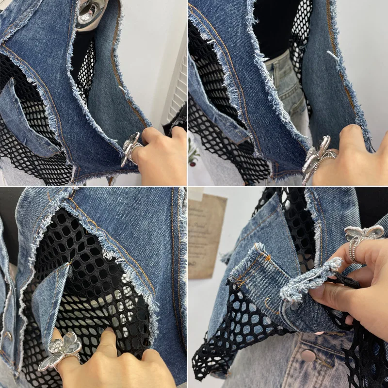 Sexy Rough Edge Denim Splicing Grid Vest Loose V-neck Sleeveless Jacket Coat Women
