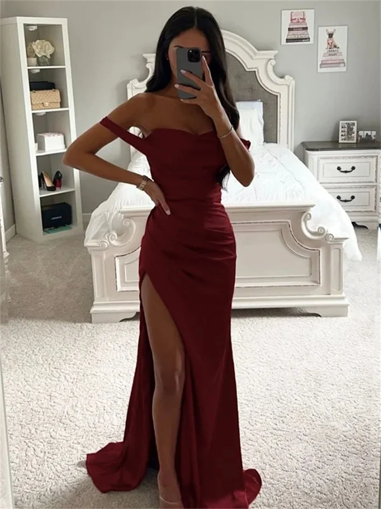 Elegant Sheath/Column Elastic Woven Satin Ruched Off-the-Shoulder Sleeveless Floor Length Backless Sweep/Brush Train Dresses