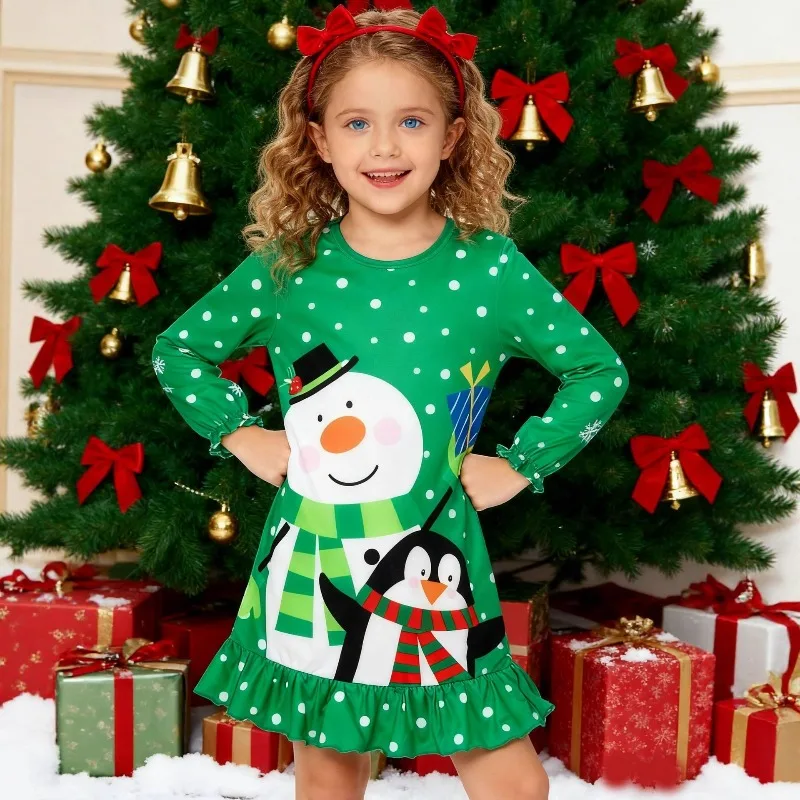 

Новая юбка с длинными рукавами и круглым вырезом, рождественское праздничное платье с длинными рукавами и принтом, модное индивидуальное платье для девочек