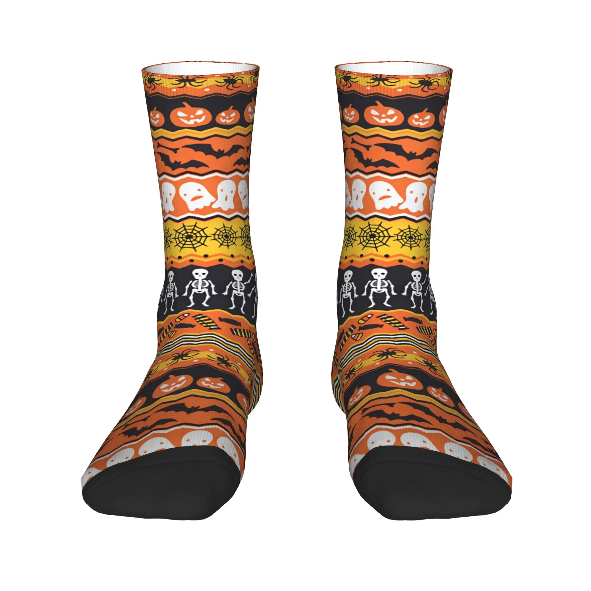 Halloween Skeleton Ghost Pumpkin Bat Spider Striped Border Seamless Pattern Stockings Unisex Men  Socks Warm Soft Fashion Socks