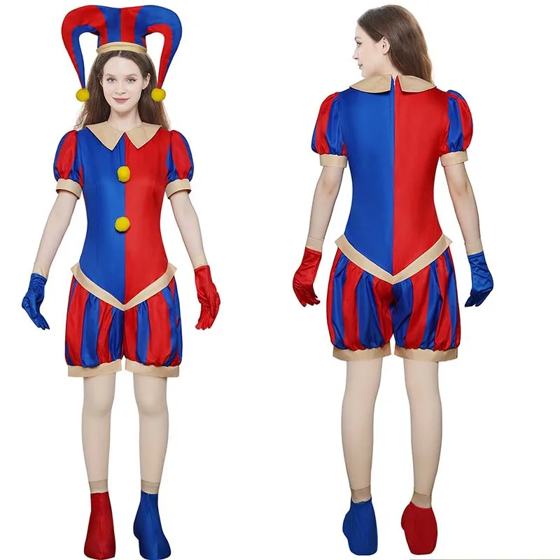 Fantasia de cosplay de circo Pomni com chapéu e luvas fantasias de Halloween roupas de carnaval (tamanho 110 cm-adulto 3XL)